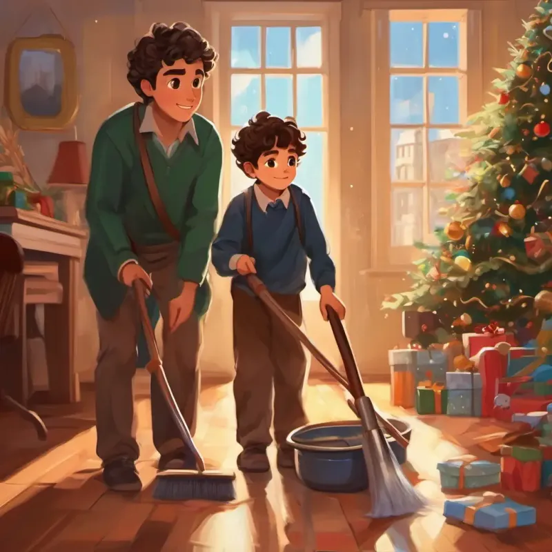 Short, curly brown hair, big brown eyes, light brown skin and his dad clean up the room together.