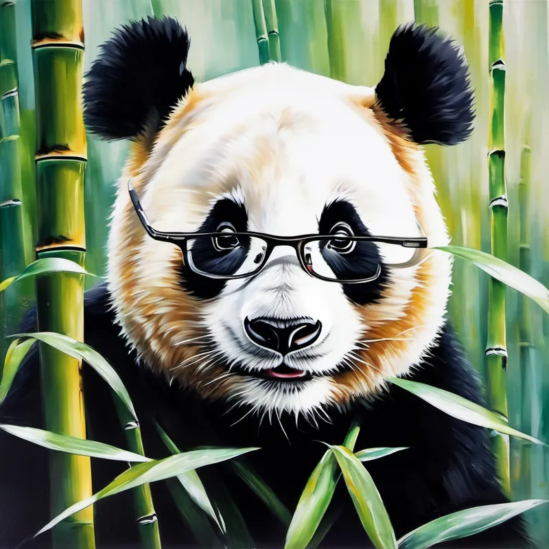 smart and kind panda, wears glasses, black and white fur sitting in the bamboo forest, wearing glasses