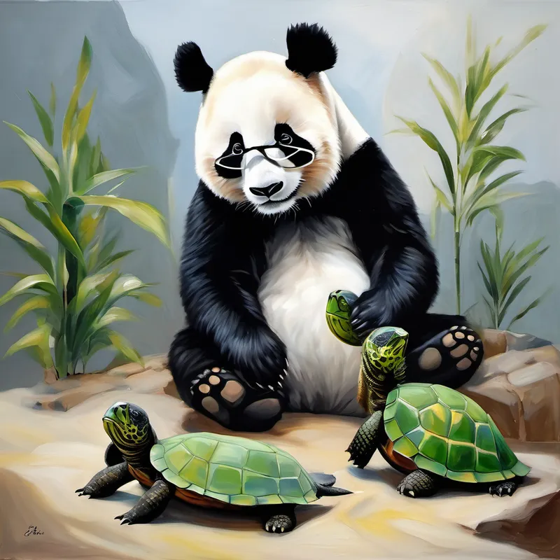 smart and kind panda, wears glasses, black and white fur talking to Mrs Turtle and Leo, who looks sad