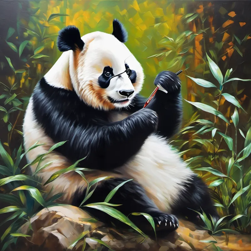smart and kind panda, wears glasses, black and white fur gathering clues and talking to different animals