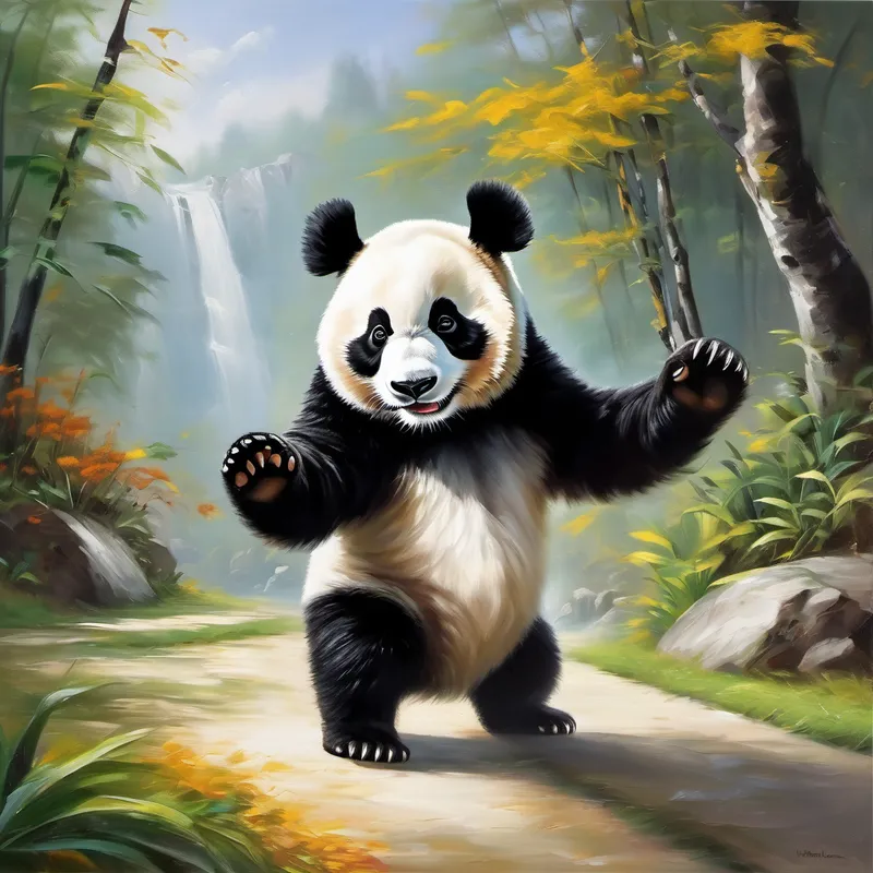 smart and kind panda, wears glasses, black and white fur triumphantly pointing at Max, animals cheering in the background