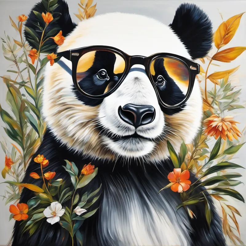 smart and kind panda, wears glasses, black and white fur surrounded by grateful forest animals