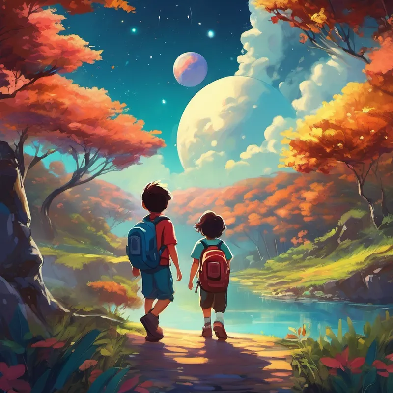 Excited grins appeared on their faces, and they nodded in unison. Little did they know, this adventure would be unlike any they had ever experienced before. With a flash of light, their feet left the ground, and within seconds, they arrived on the first planet named Stardust. It was a beautiful place, filled with vibrant colors and lush landscapes. They soon encountered the friendly Stardustians, who taught them about kindness and love.