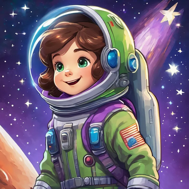 Brown hair, blue eyes, wearing a spacesuit and Purple skin, green eyes, wearing a shiny space explorer outfit standing together, looking excited with stars and a rocket spaceship in the background