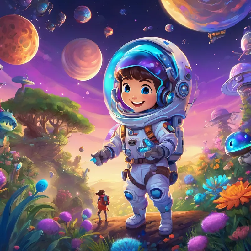 Brown hair, blue eyes, wearing a spacesuit pointing at the Colorful creatures with big eyes, glowing antennas, and happy smiles, who are smiling and playing games with each other. The planet has glowing plants and a purple sky.