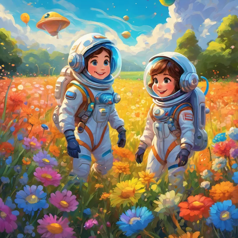Brown hair, blue eyes, wearing a spacesuit and the Colorful creatures with big eyes, glowing antennas, and happy smiles using their antennas to communicate, laughing and having fun in a field of colorful flowers.