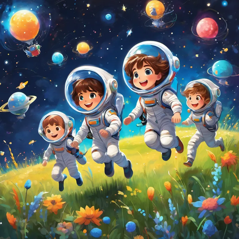 Brown hair, blue eyes, wearing a spacesuit and the Colorful creatures with big eyes, glowing antennas, and happy smiles playing 'Star Catch' in a field filled with stars falling from the sky. They are all jumping and laughing.