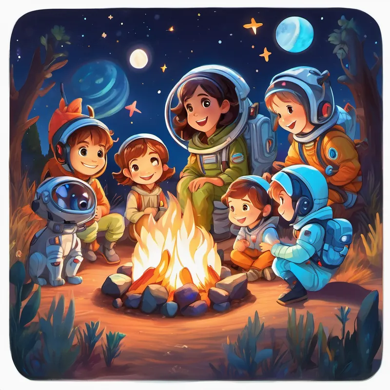 Brown hair, blue eyes, wearing a spacesuit and the Colorful creatures with big eyes, glowing antennas, and happy smiles sitting around a campfire, telling stories. Stars are twinkling in the sky, and some Colorful creatures with big eyes, glowing antennas, and happy smiles are holding up their glowing art.