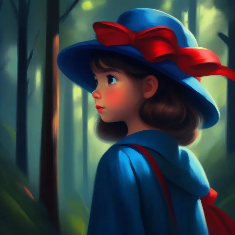 Curious and brave, wearing a blue hat and Clever and determined, with a red ribbon in her hair lost in the forest, dark colors