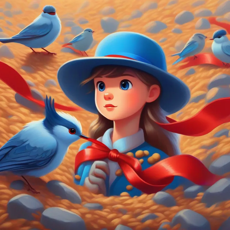 Birds eating the breadcrumbs, Curious and brave, wearing a blue hat and Clever and determined, with a red ribbon in her hair finding pebbles