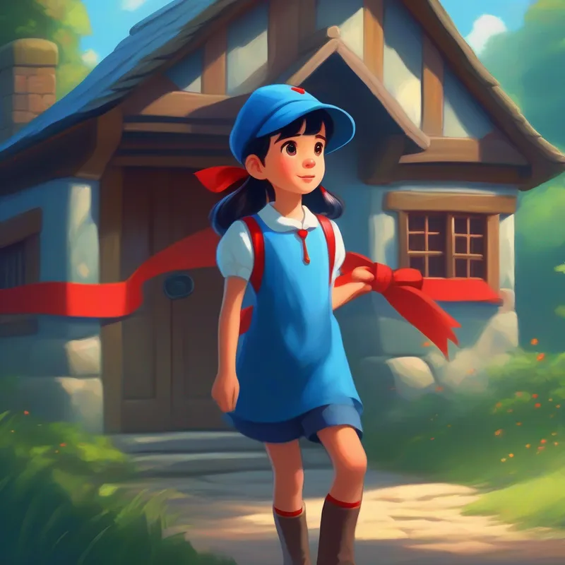 Curious and brave, wearing a blue hat and Clever and determined, with a red ribbon in her hair reaching their cottage, feeling accomplished