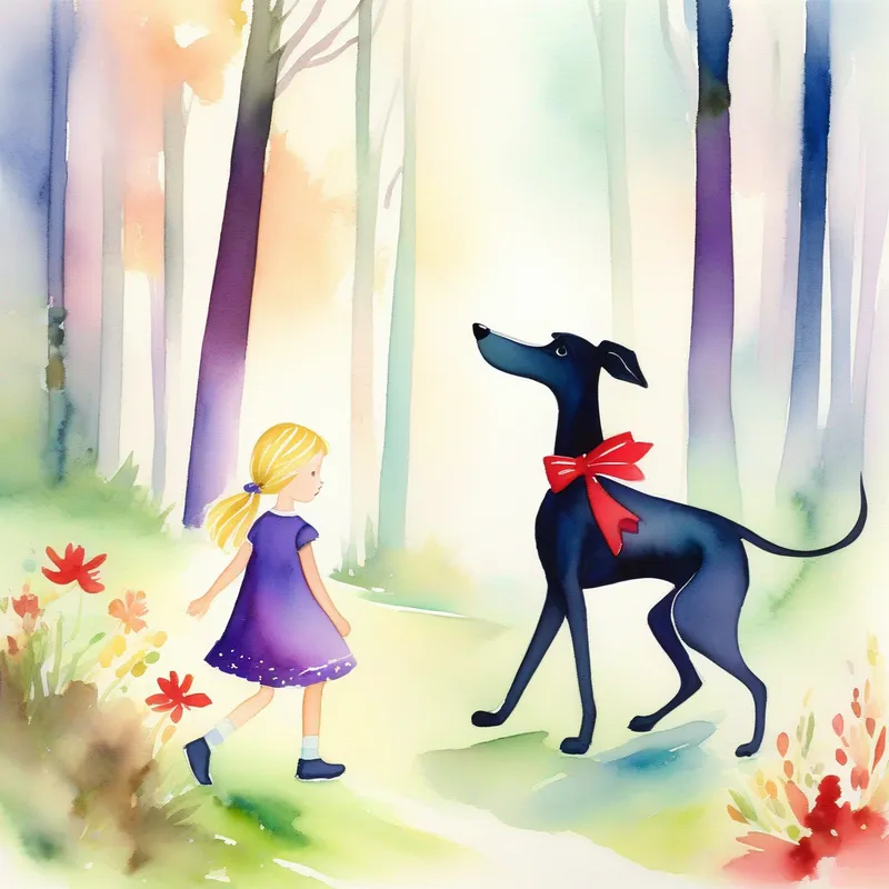 A little blond girl with a purple dress and a red bow and A black greyhound wearing a blue and green collar walking together in the colorful woods