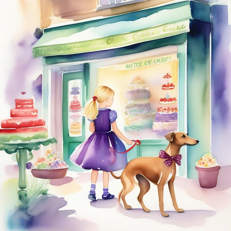 A little blond girl with a purple dress and a red bow and A black greyhound wearing a blue and green collar finding the signpost leading to a magical cake shop