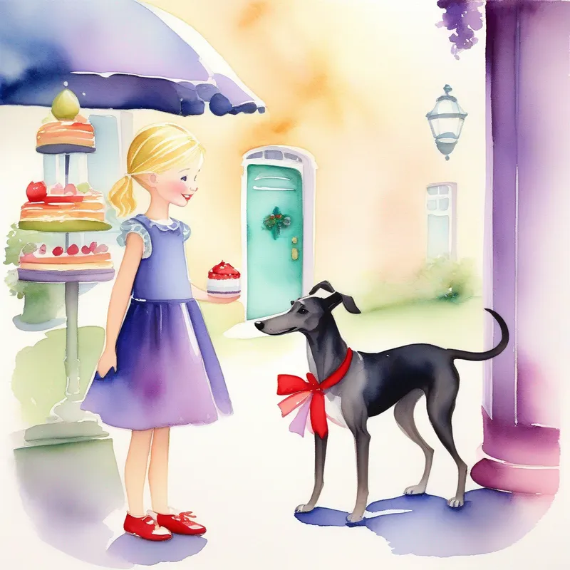 A little blond girl with a purple dress and a red bow and A black greyhound wearing a blue and green collar standing outside 'The Talking Treats', with cakes floating and talking