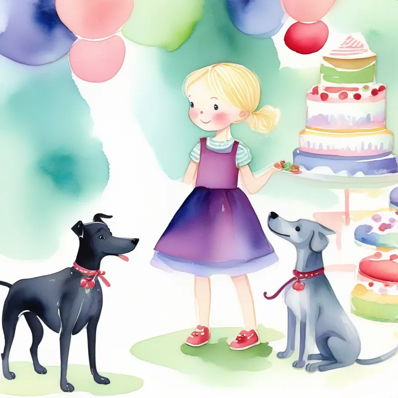 A little blond girl with a purple dress and a red bow and A black greyhound wearing a blue and green collar surrounded by friendly and talking cakes