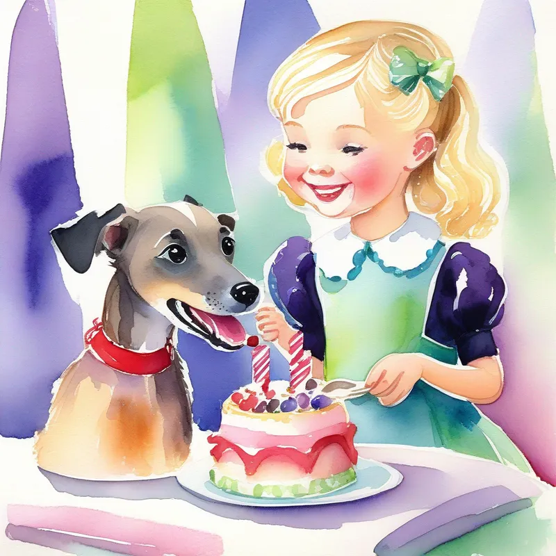 A little blond girl with a purple dress and a red bow and A black greyhound wearing a blue and green collar smiling while eating the magical cakes