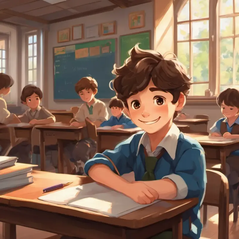 Alex is a hardworking boy with brown hair and sparkling blue eyes sitting in a classroom, listening to his teacher, with a big smile on his face.