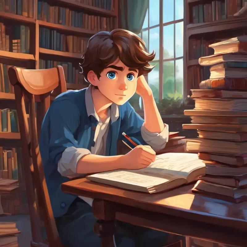 Alex is a hardworking boy with brown hair and sparkling blue eyes sitting at his desk, surrounded by books and studying with a focused expression.
