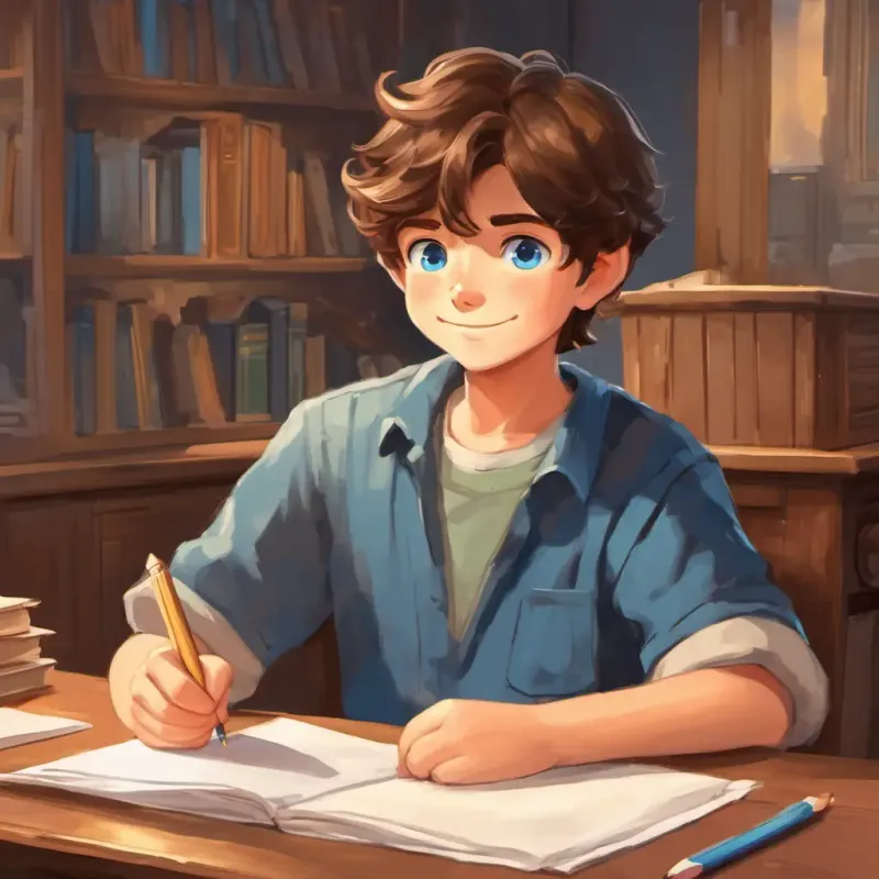 Alex is a hardworking boy with brown hair and sparkling blue eyes receiving a test paper with an A+ grade from his teacher, who is giving him a thumbs up.