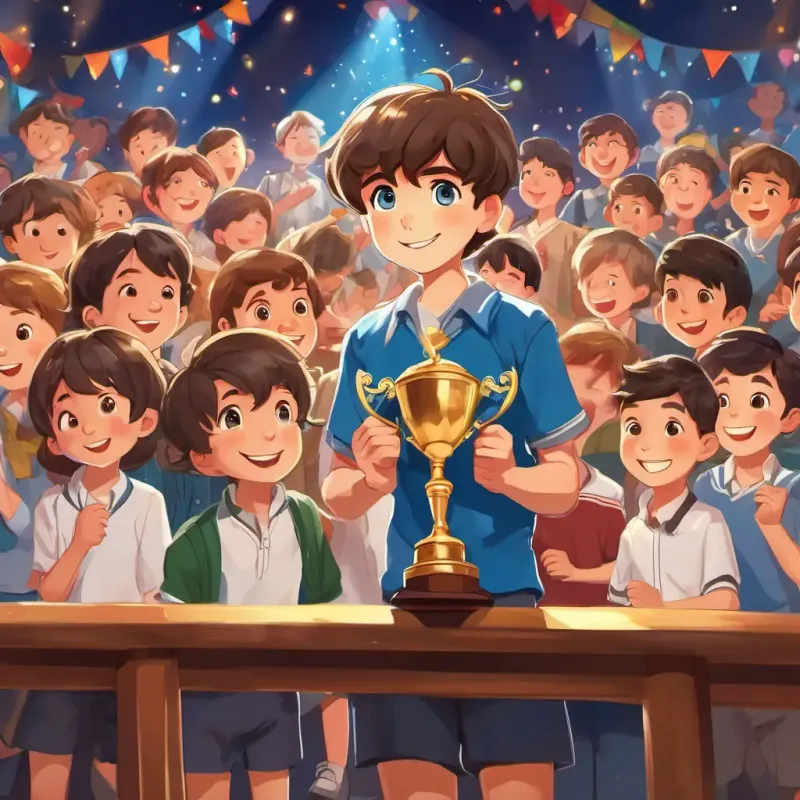 Alex is a hardworking boy with brown hair and sparkling blue eyes standing on a stage, holding a trophy, with his classmates clapping and cheering for him.