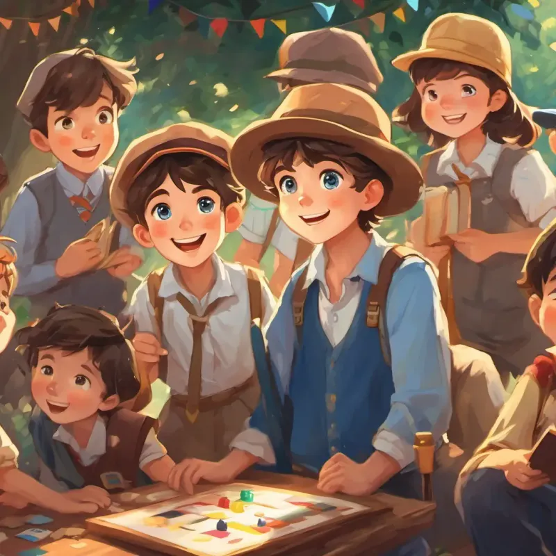 Alex is a hardworking boy with brown hair and sparkling blue eyes wearing a principal's hat, surrounded by happy students playing games and laughing.
