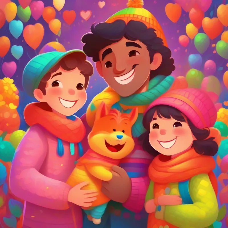 Happy families embrace Aran is kind and caring, wearing bright and happy colors. and Roshan is joyful and loving, dressed in vibrant and cheerful hues.'s love, with colorful smiles.