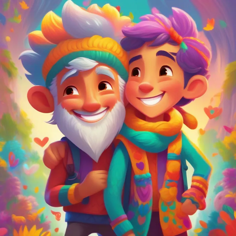 Aran is kind and caring, wearing bright and happy colors. and Roshan is joyful and loving, dressed in vibrant and cheerful hues. share love and laughter, surrounded by joyous colors.