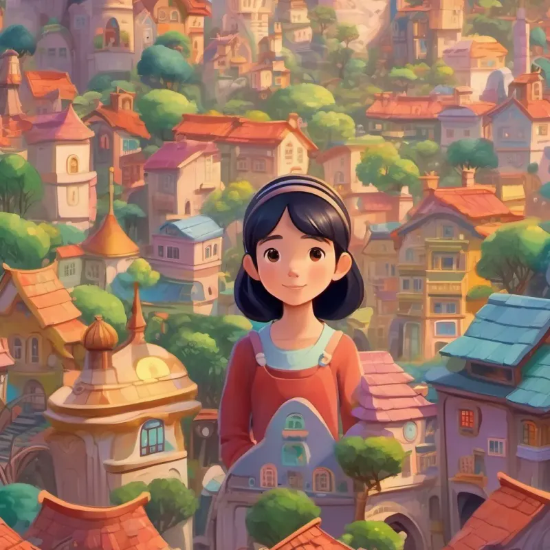 A whimsical land with colorful buildings shaped like numbers, a joyful atmosphere with a young girl looking worried.
