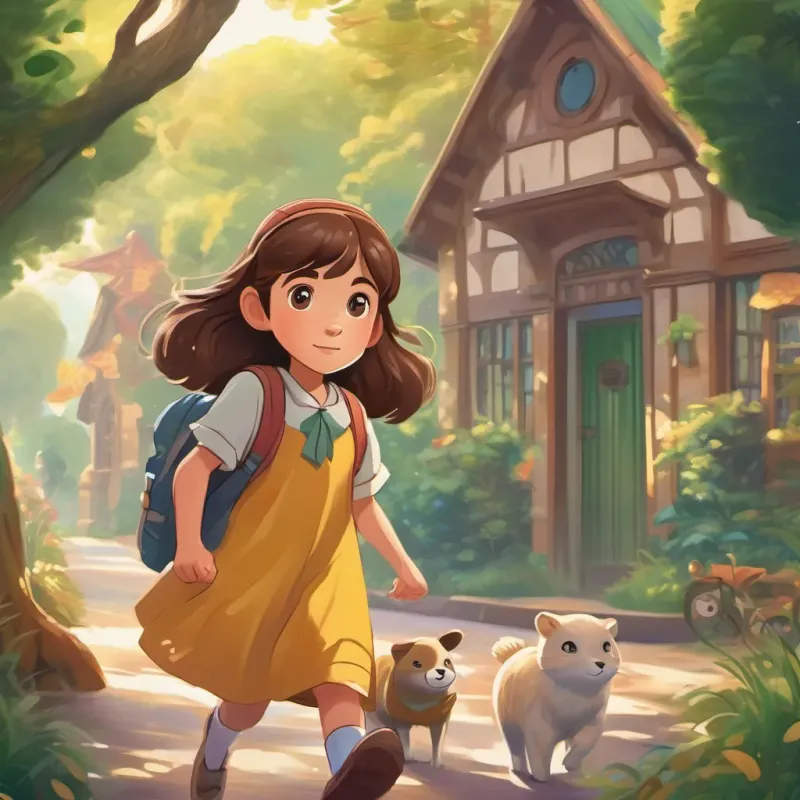 A young girl with bright eyes, brown hair, wearing a colorful dress with a slightly worried expression walking towards a charming school with a frown, surrounded by happy trees and playful animals.