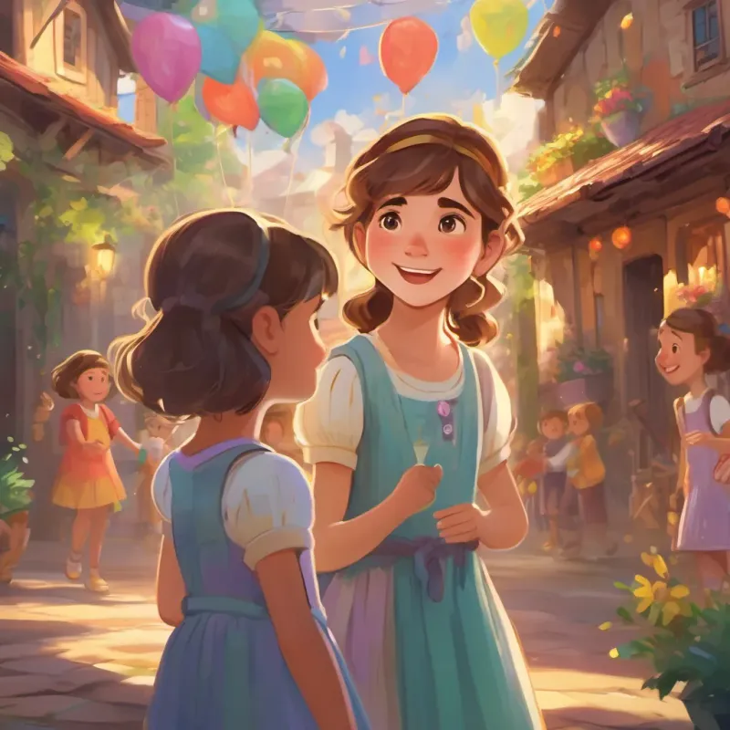 A young girl with bright eyes, brown hair, wearing a colorful dress with a slightly worried expression celebrating with her number friends, a bright, happy scene filled with laughter.
