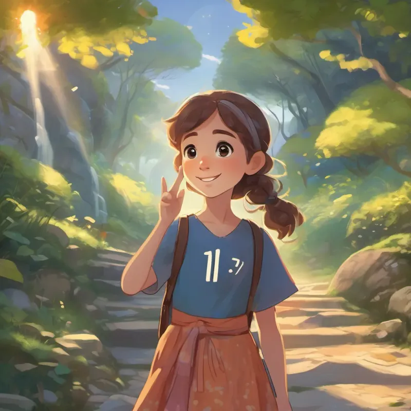 A young girl with bright eyes, brown hair, wearing a colorful dress with a slightly worried expression and A tall, friendly number '11' glowing with wisdom, radiating positivity waving goodbye with a bright sun smiling down on them.