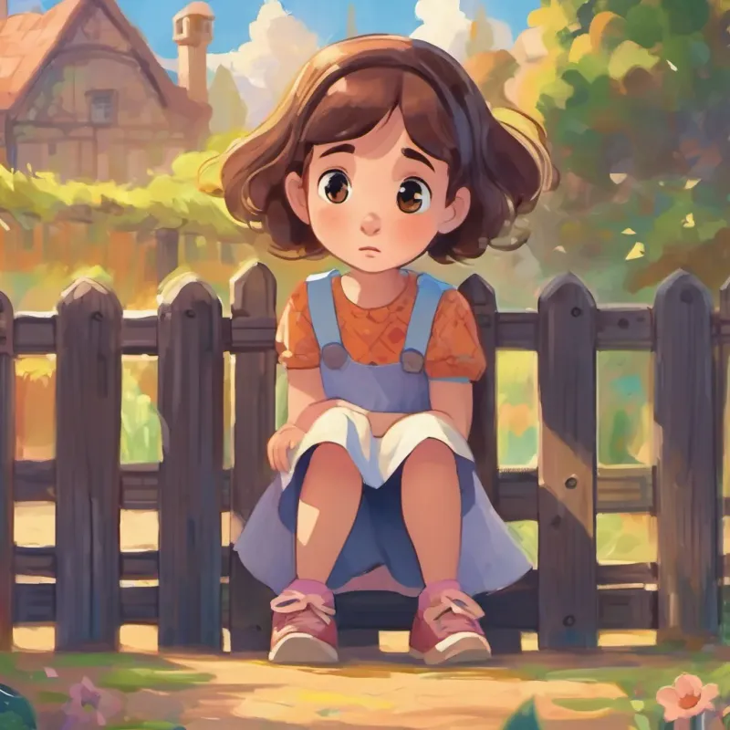 A young girl with bright eyes, brown hair, wearing a colorful dress with a slightly worried expression looking puzzled, with a talking fence making silly faces.