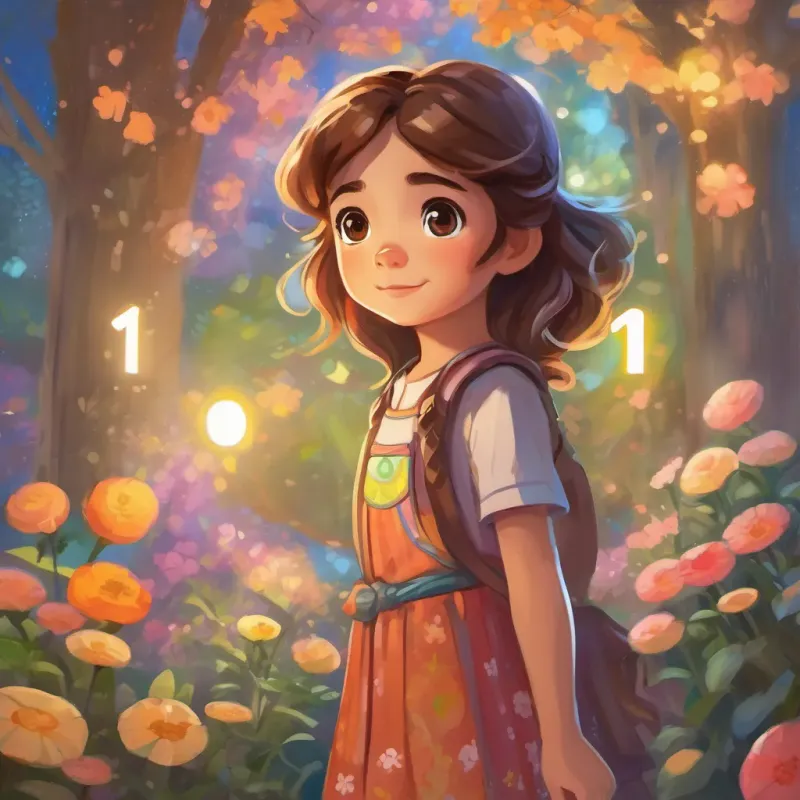 A young girl with bright eyes, brown hair, wearing a colorful dress with a slightly worried expression meeting A tall, friendly number '11' glowing with wisdom, radiating positivity, a tall, friendly number, glowing with wisdom.