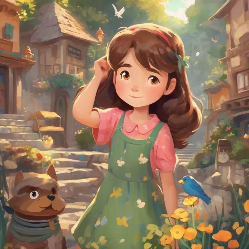 A young girl with bright eyes, brown hair, wearing a colorful dress with a slightly worried expression lighting up with interest surrounded by friendly number characters.