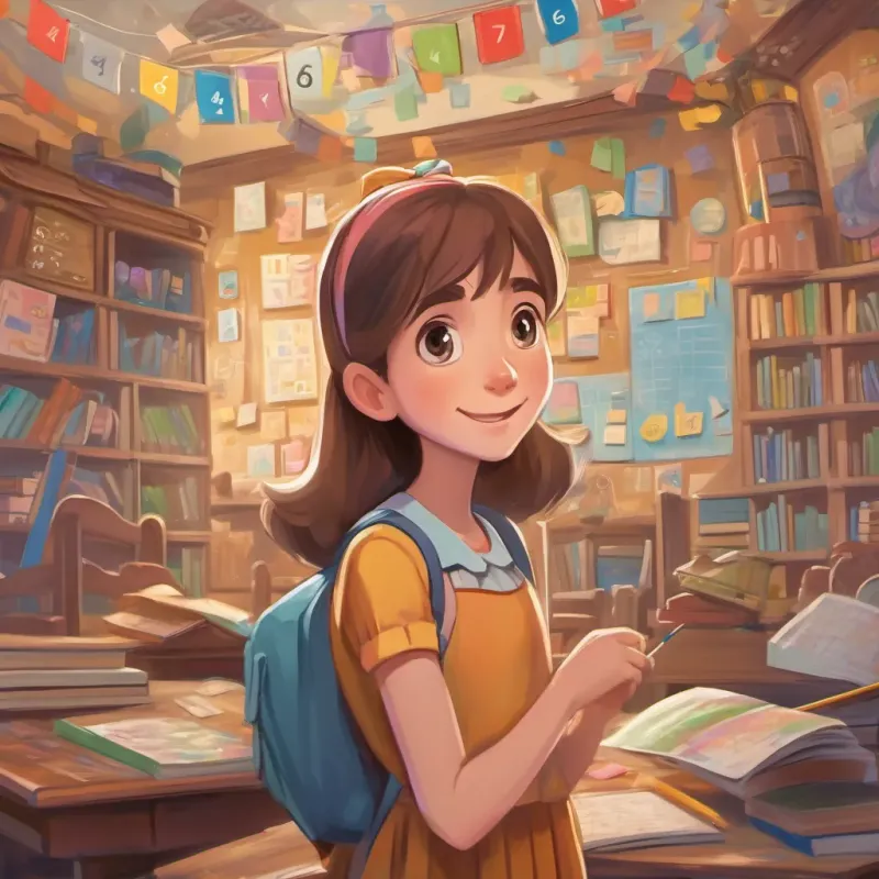 A young girl with bright eyes, brown hair, wearing a colorful dress with a slightly worried expression happily doing math, smiling, and interacting with her number friends in school.