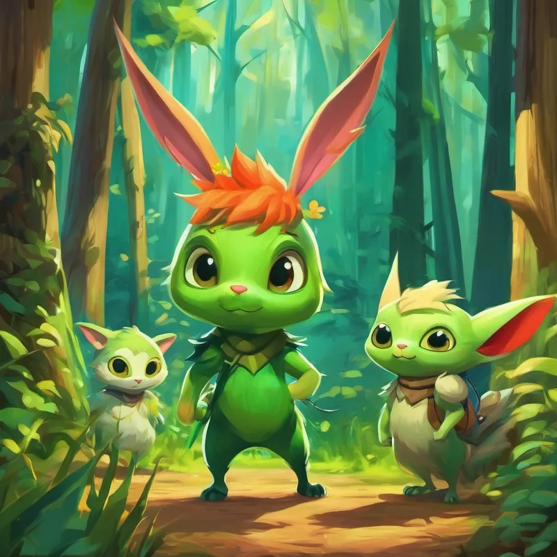 The Small mischievous creatures with green skin and pointy ears playing pranks in the forest