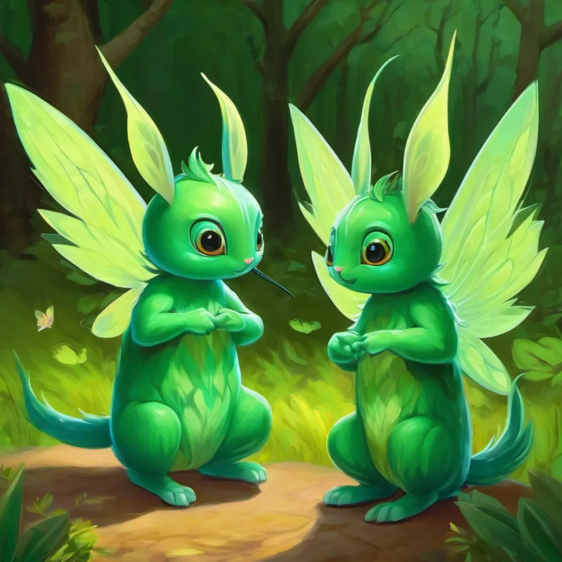 The Small mischievous creatures with green skin and pointy ears planning a prank on A fairy with a kind heart, gossamer wings
