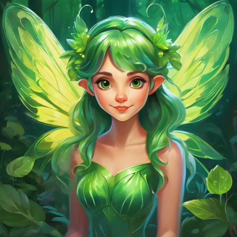 A fairy with a kind heart, gossamer wings using her magic to trap the Small mischievous creatures with green skin and pointy ears
