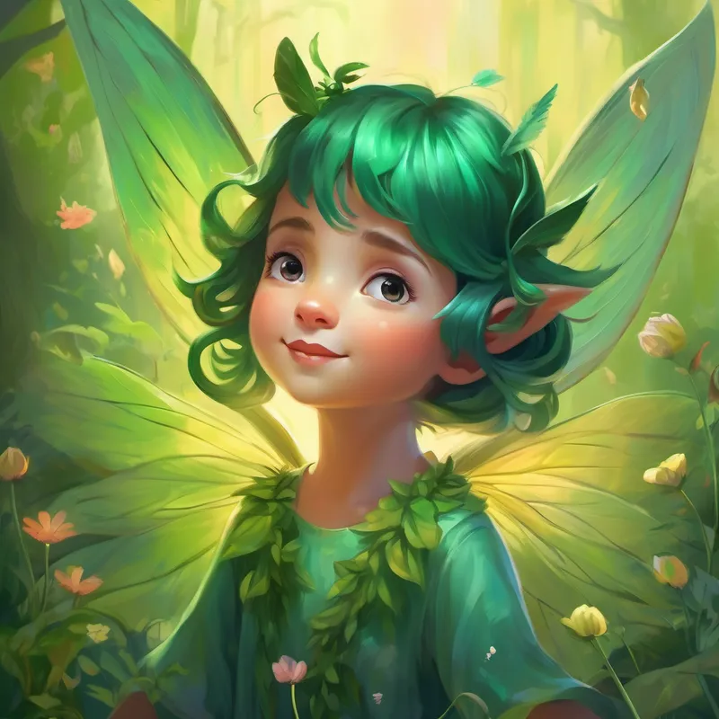 A fairy with a kind heart, gossamer wings and the Small mischievous creatures with green skin and pointy ears playing and spreading joy