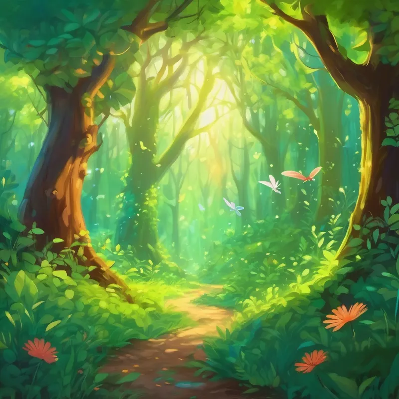 The magical forest with Small mischievous creatures with green skin and pointy ears, giggles, and gossamer wings