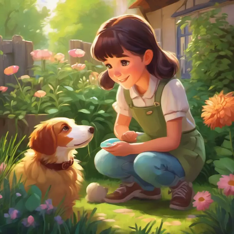 Girl accepting responsibility for the pet, happy to help, garden