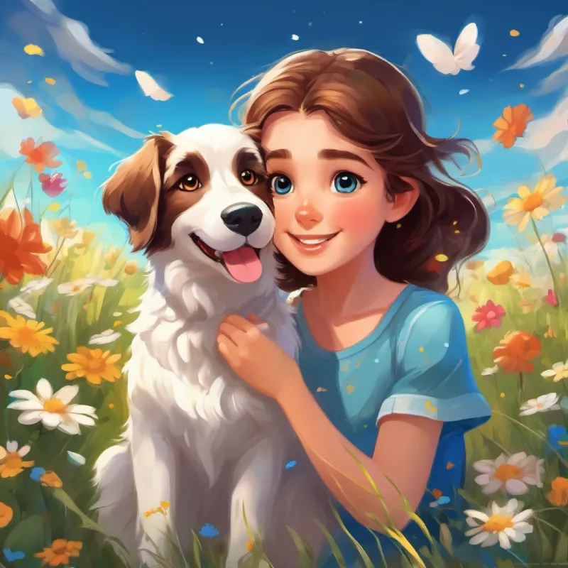A cheerful girl with brown hair, and bright blue eyes and A playful puppy with soft, white fur and twinkling brown eyes started their adventure in a meadow filled with flowers of different shapes and colors.