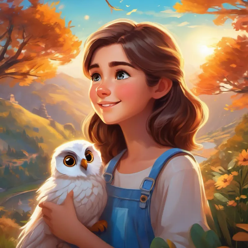 A cheerful girl with brown hair, and bright blue eyes, A playful puppy with soft, white fur and twinkling brown eyes, and the A wise old owl with shimmering feathers and bright, amber eyes soared through the sky, marveling at the diverse landscapes below.
