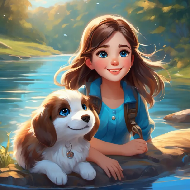 A cheerful girl with brown hair, and bright blue eyes, A playful puppy with soft, white fur and twinkling brown eyes, and the owl had fun observing the circular ripples and sparkling blue water of the lake.