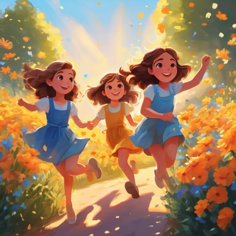 A cheerful girl with brown hair, and bright blue eyes and her friends danced along with the star-shaped flowers, feeling the warmth of the sunshine.