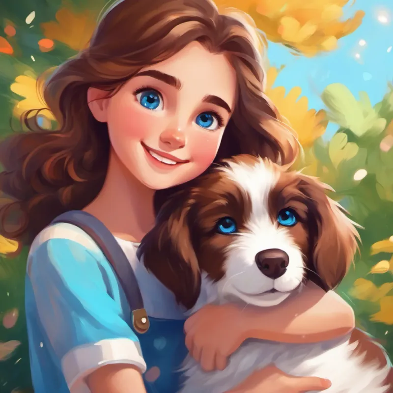A cheerful girl with brown hair, and bright blue eyes and A playful puppy with soft, white fur and twinkling brown eyes hugged each other, happy with all the wonderful shapes and colors they discovered.