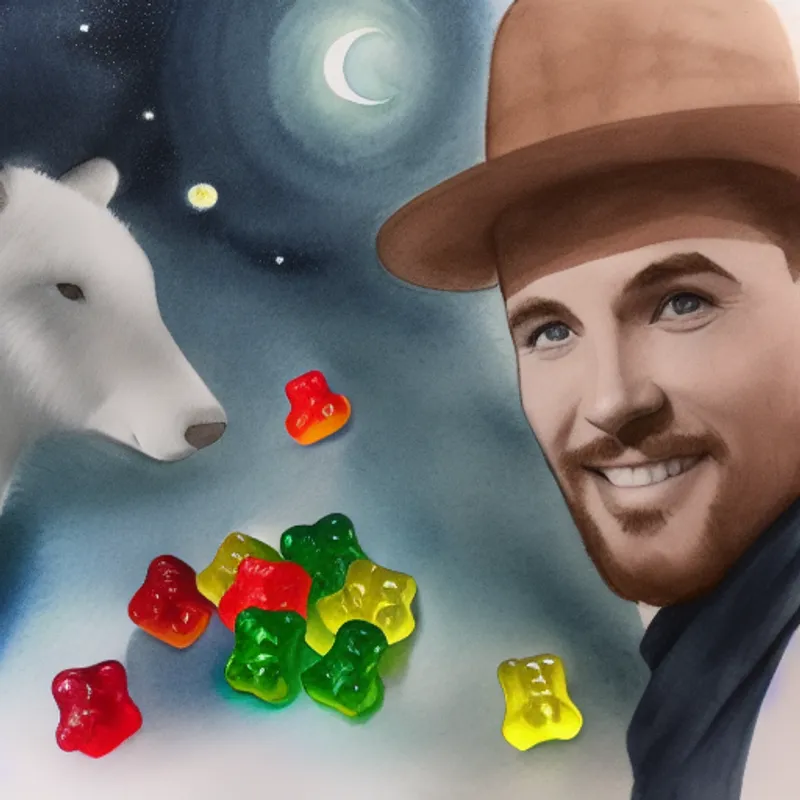 Tom looking surprised, gummy bears in the background