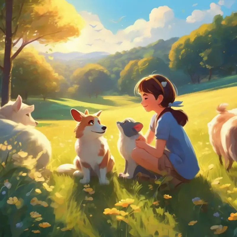 Girl, animals, sunny meadow, playful interactions, day-to-night transition, heartwarming farewells, serene landscapes.