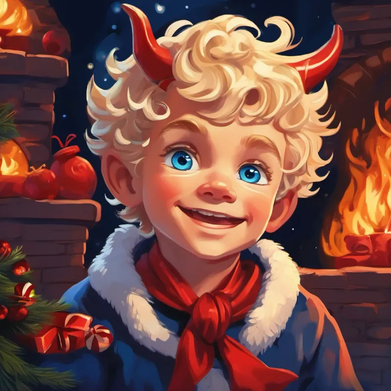 Introduction of Little devil boy, blond curls, midnight blue eyes, mischievous grin, playing in the underworld.