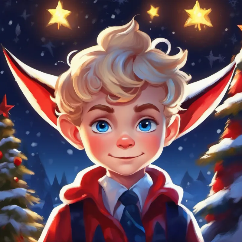 Little devil boy, blond curls, midnight blue eyes, mischievous grin senses trouble, showing curiosity and bravery.